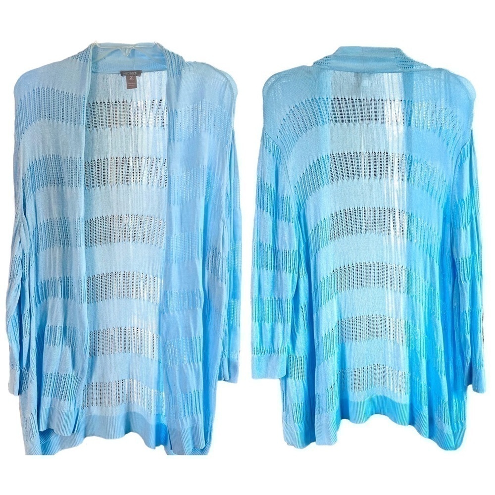 Chicos Light Blue Pointell Knit Open Front Cardigan Sweater Lightweight 2/Large